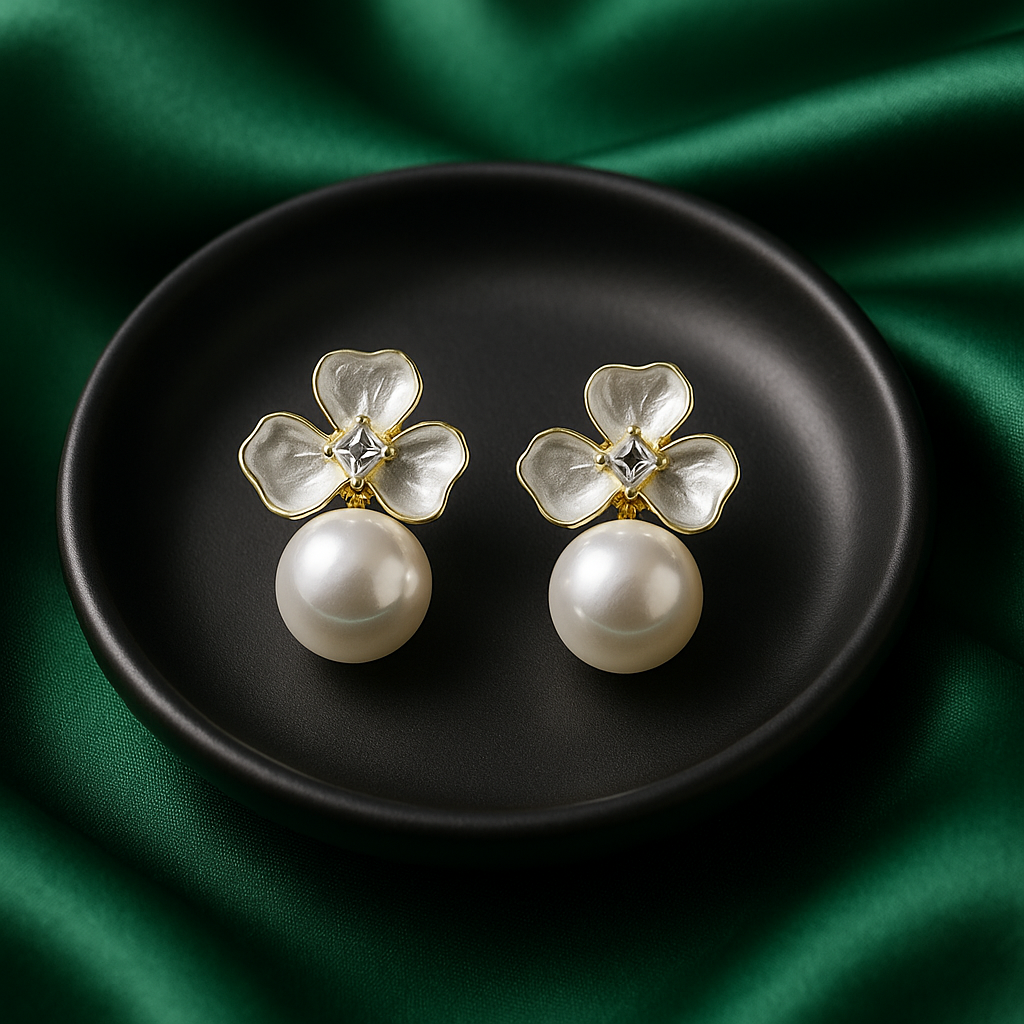 Floral Pearl Drop Earrings | Korean Designer Jewellery