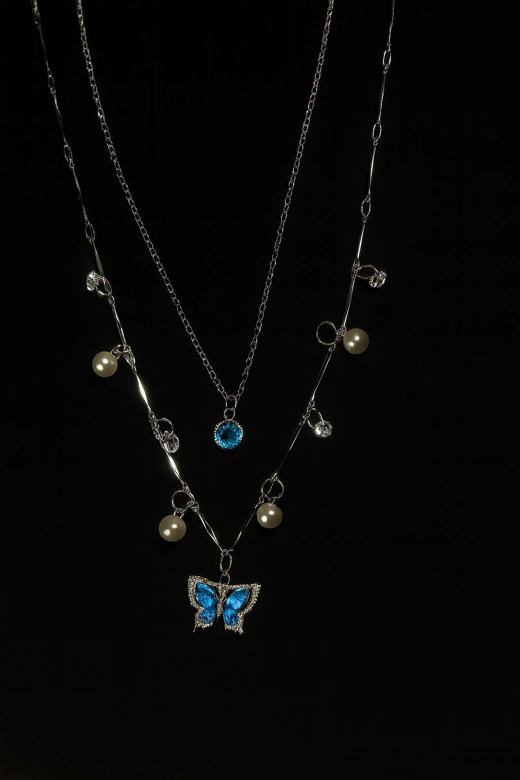 Blue Butterfly & Pearl Charm Layered Necklace | Korean Designer Jewellery