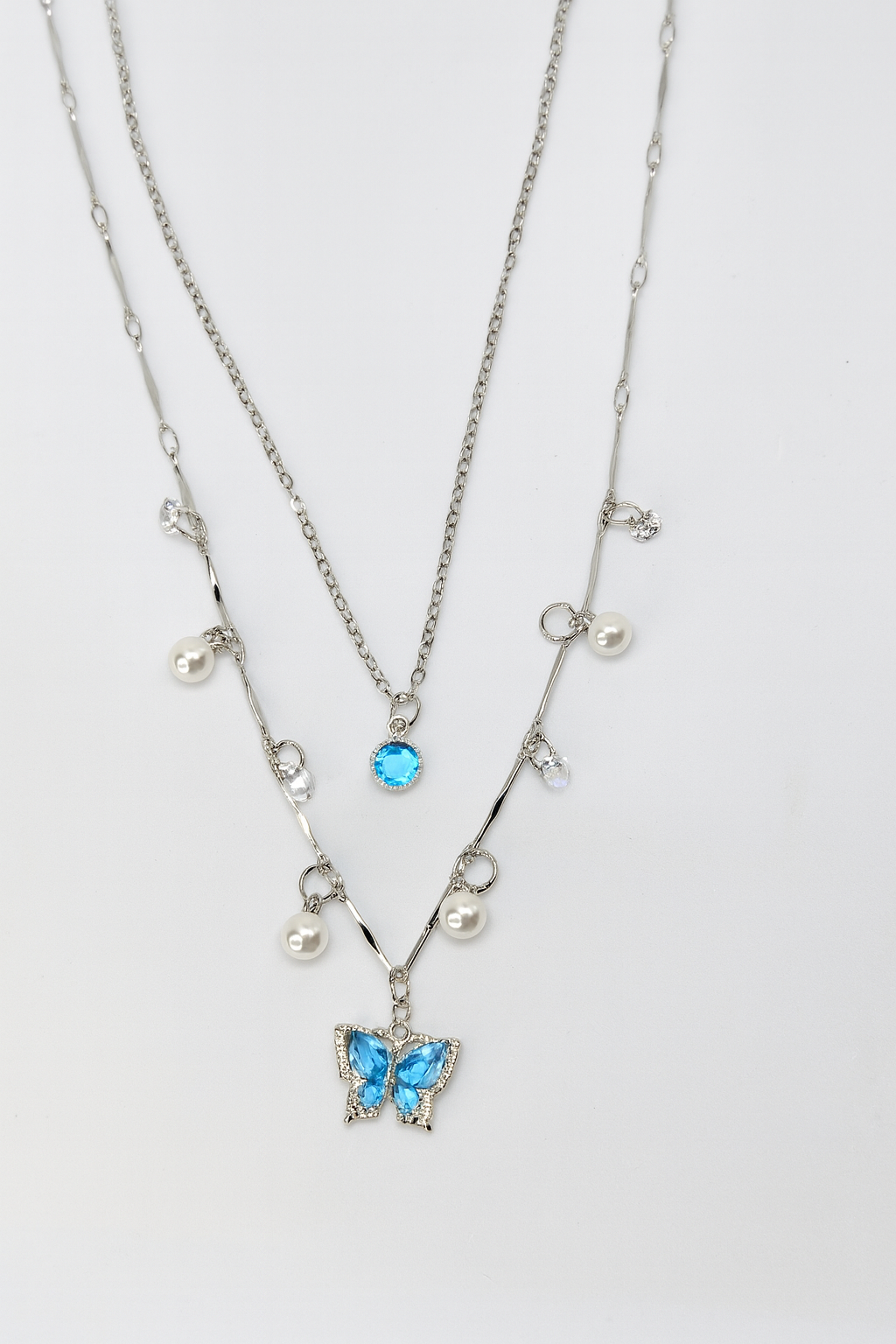 Blue Butterfly & Pearl Charm Layered Necklace | Korean Designer Jewellery