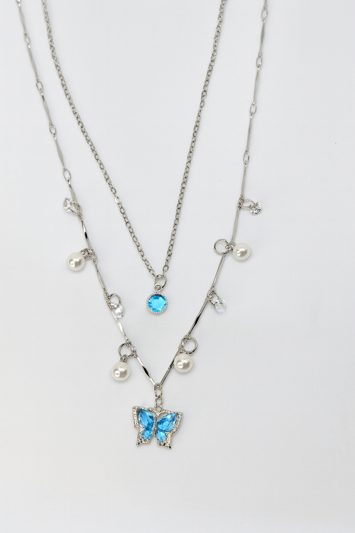 Blue Butterfly & Pearl Charm Layered Necklace | Korean Designer Jewellery