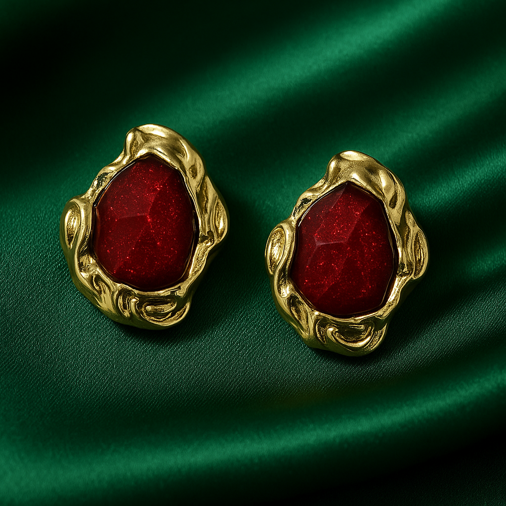 Red Gemstone Statement Earrings | Korean Designer Jewellery