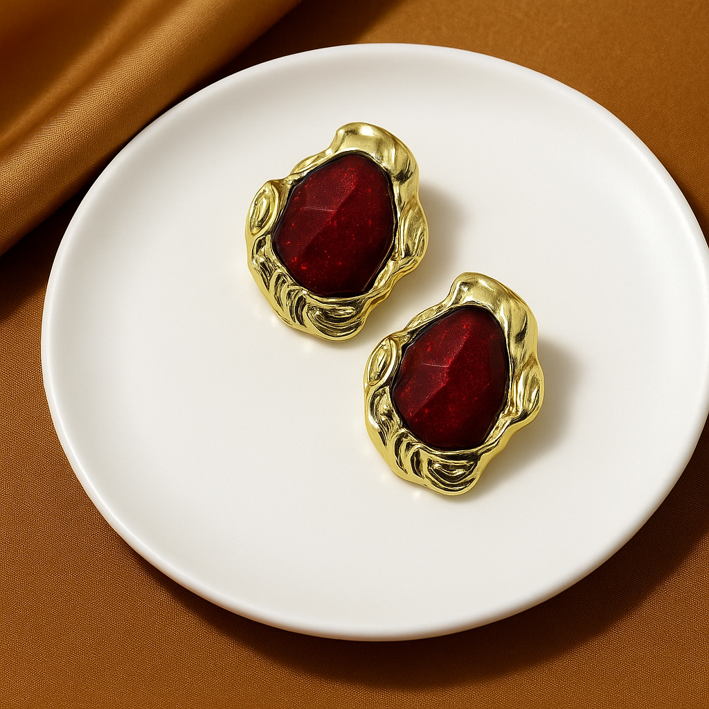 Red Gemstone Statement Earrings | Korean Designer Jewellery