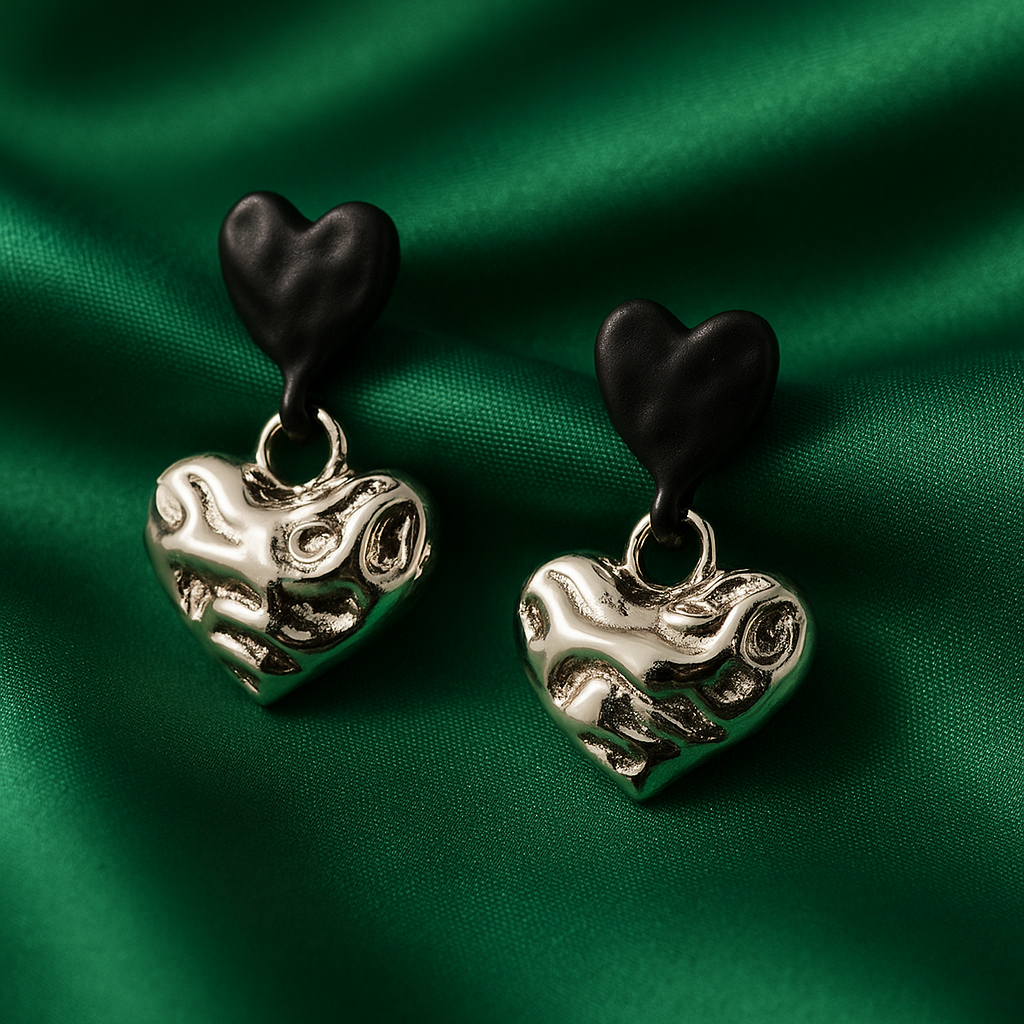 Black & Silver Dual Heart Drop Earrings | Korean Designer Jewellery