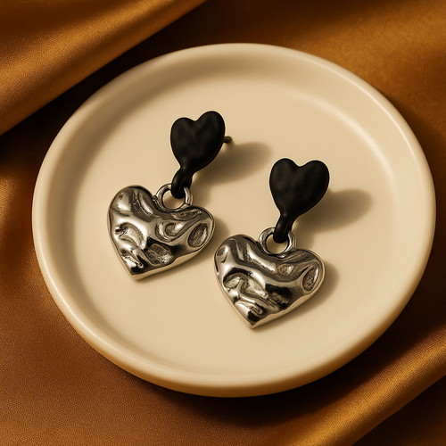 Black & Silver Dual Heart Drop Earrings | Korean Designer Jewellery