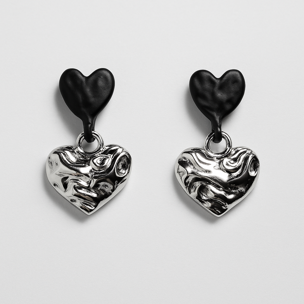 Black & Silver Dual Heart Drop Earrings | Korean Designer Jewellery