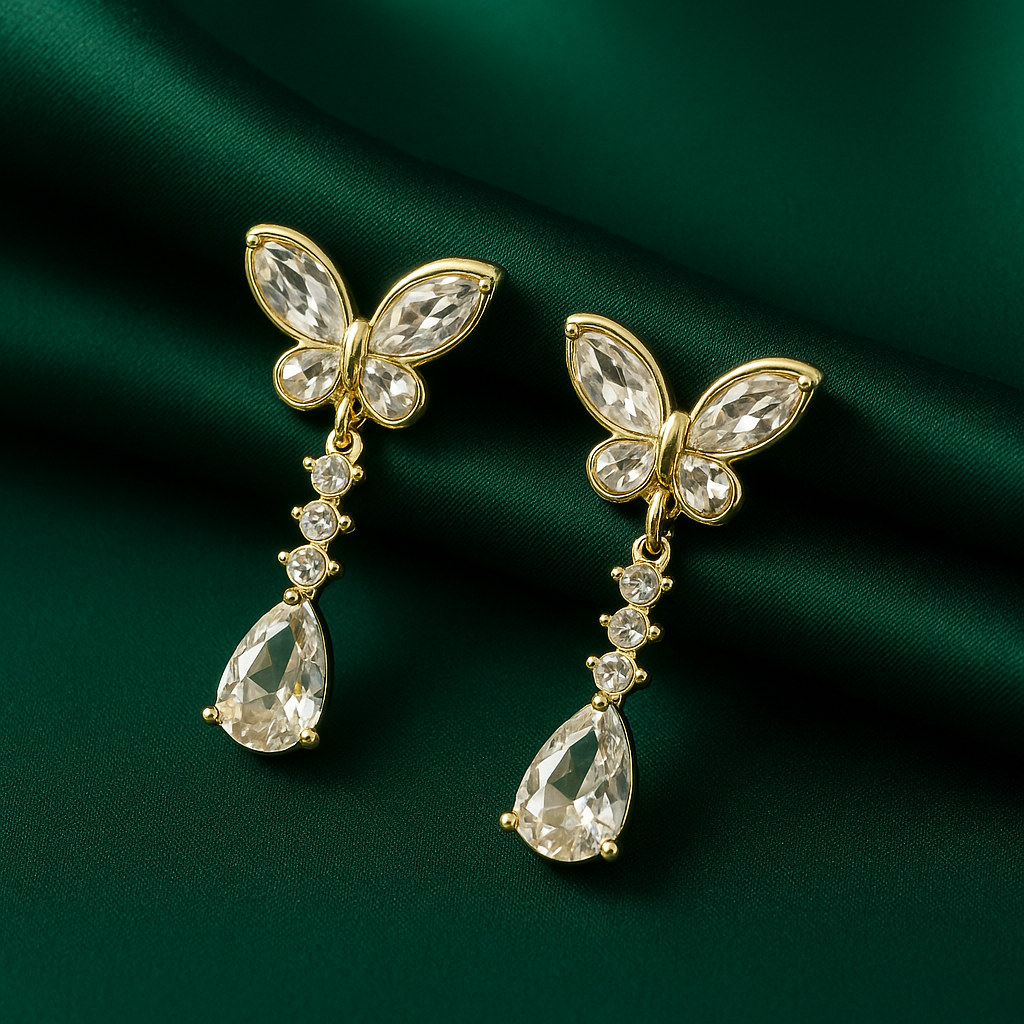 Crystal Butterfly Drop Earrings | Korean Designer Jewellery