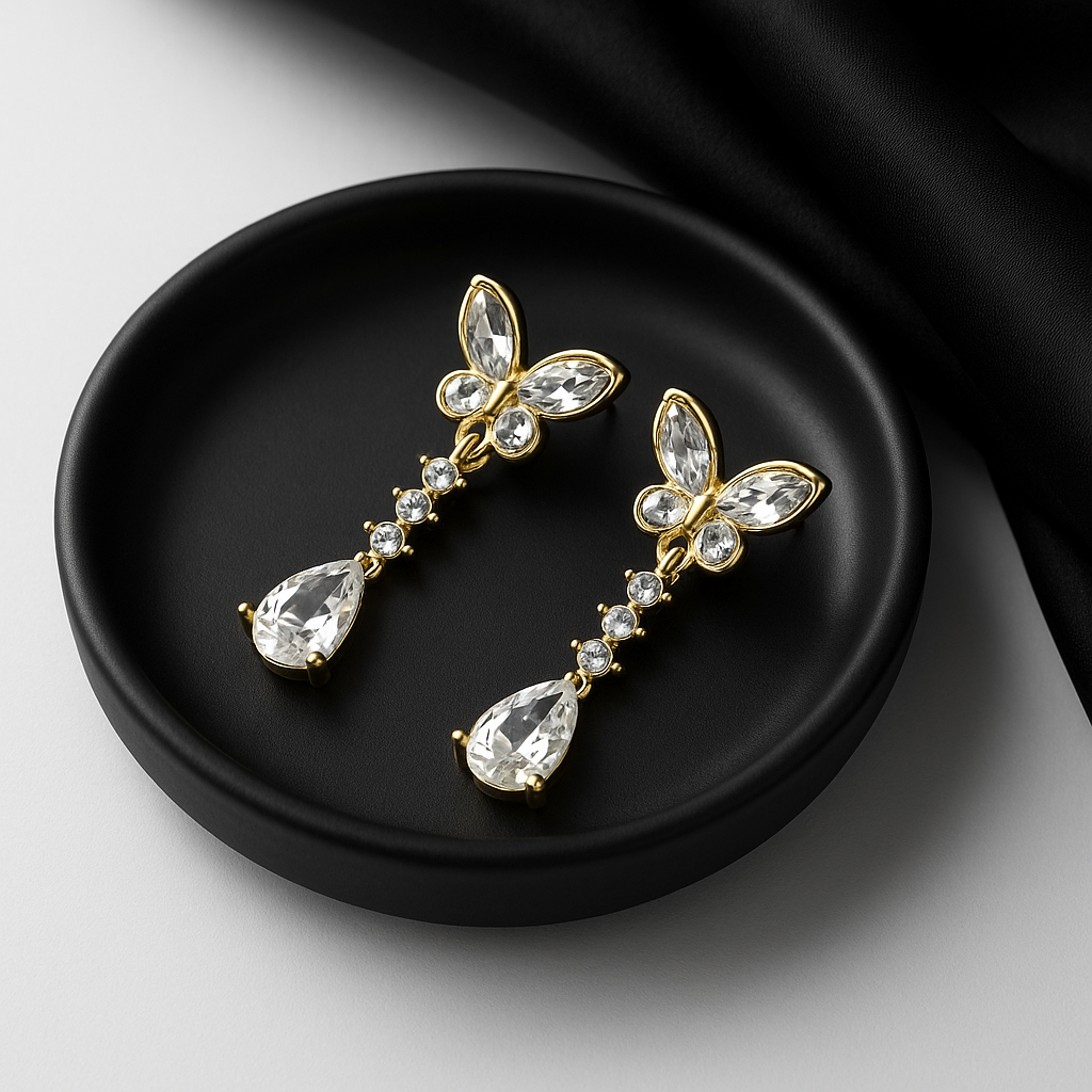 Crystal Butterfly Drop Earrings | Korean Designer Jewellery