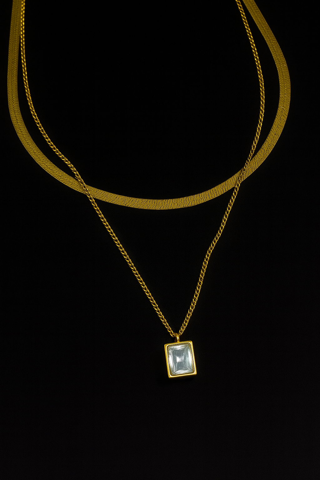 Layered Gold Necklace with Square Crystal Pendant | Anti Tarnish | Stainless Steel