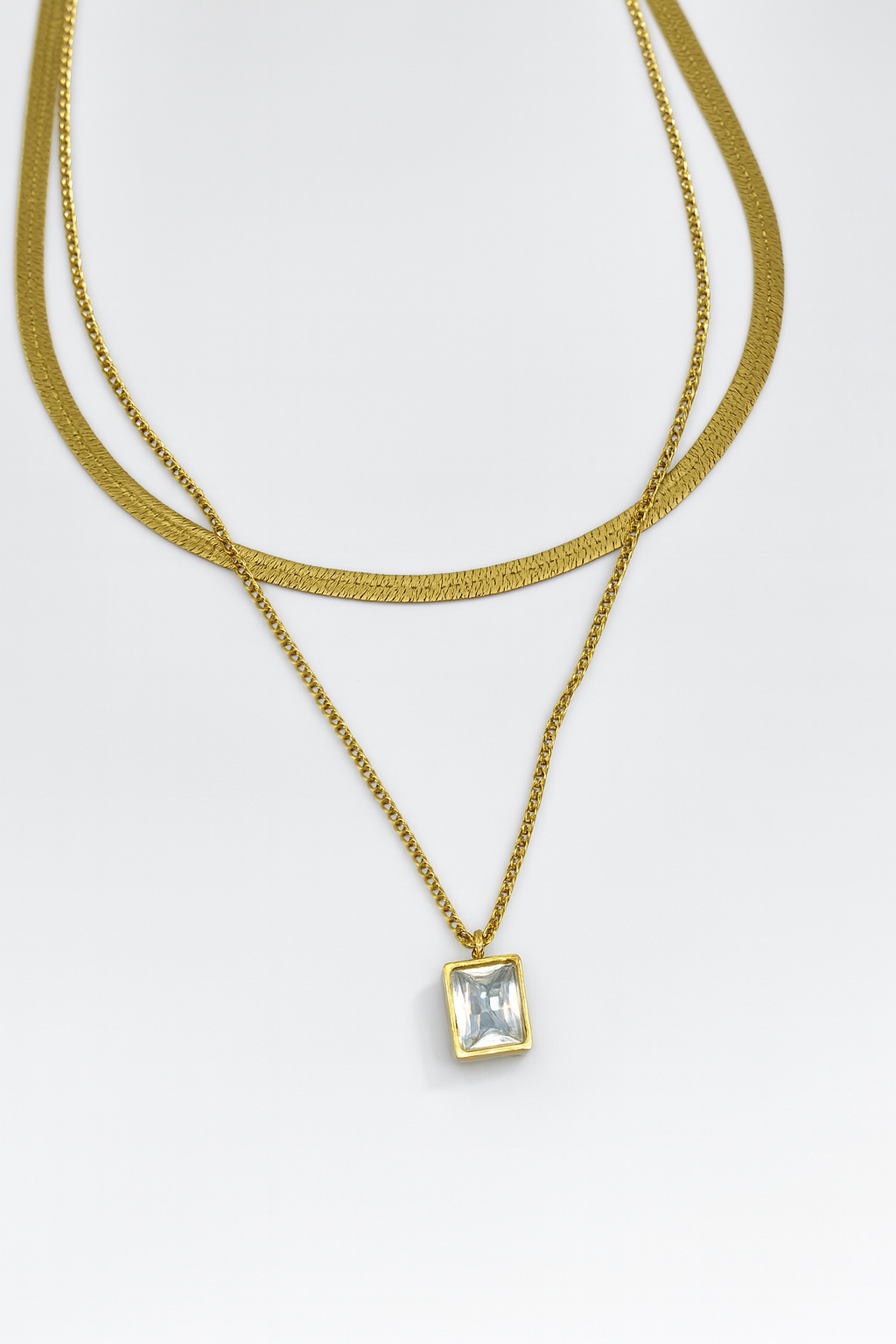 Layered Gold Necklace with Square Crystal Pendant | Anti Tarnish | Stainless Steel