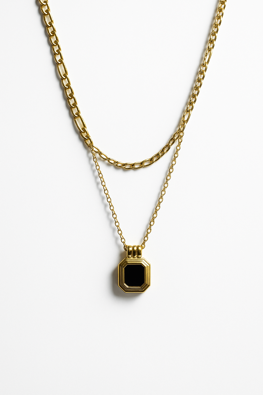 Layered Gold Chain Necklace with Black Square Pendant | Anti Tarnish | Stainless Steel