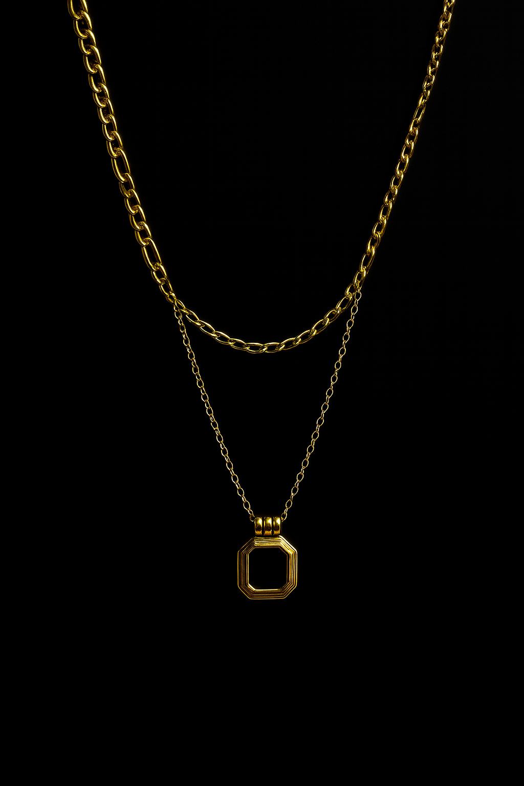 Layered Gold Chain Necklace with Black Square Pendant | Anti Tarnish | Stainless Steel
