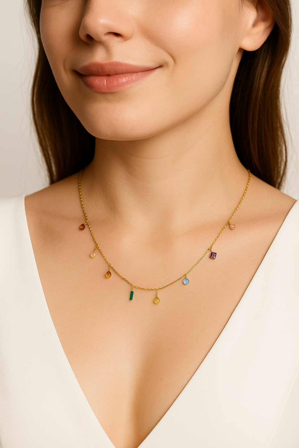 Colorful Gemstone Charm Necklace on Gold Chain | Anti Tarnish | Stainless Steel