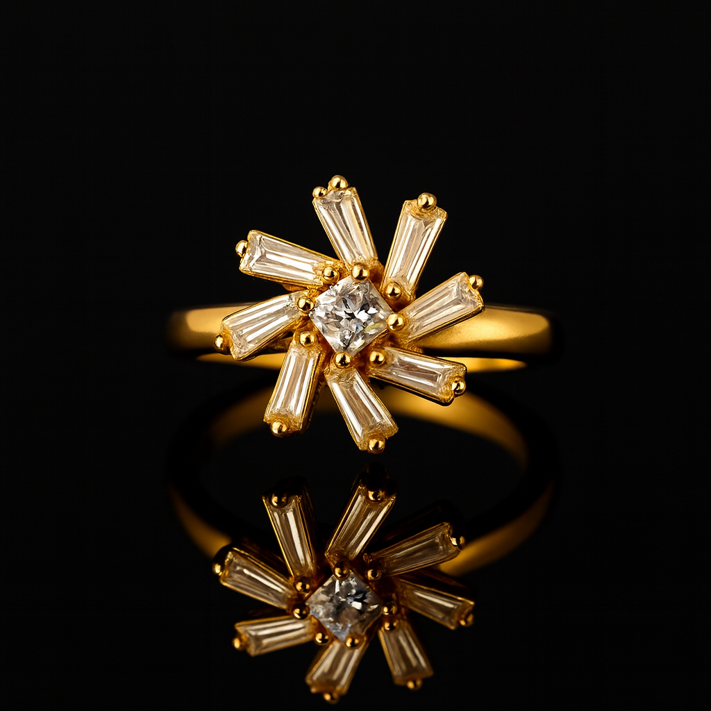 Golden Sunburst Rotating Crystal Ring for Women | Statement Designer Ring