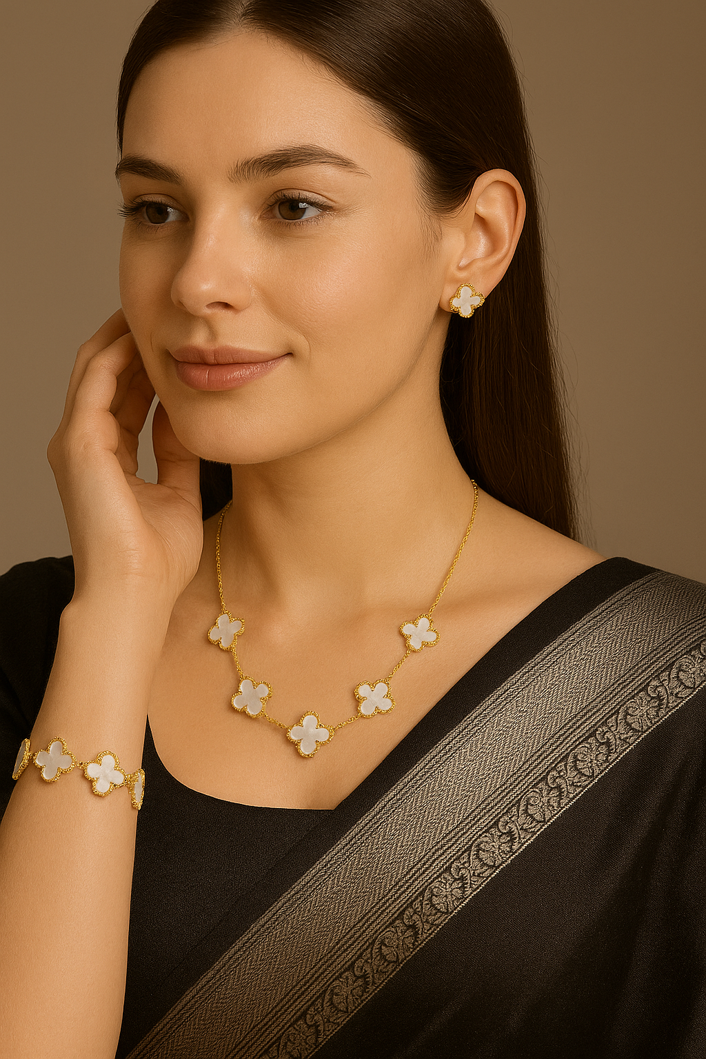 Elegant White Clover Necklace, Earring & Bracelet Set for Women | Anti Tarnish | Stainless Steel