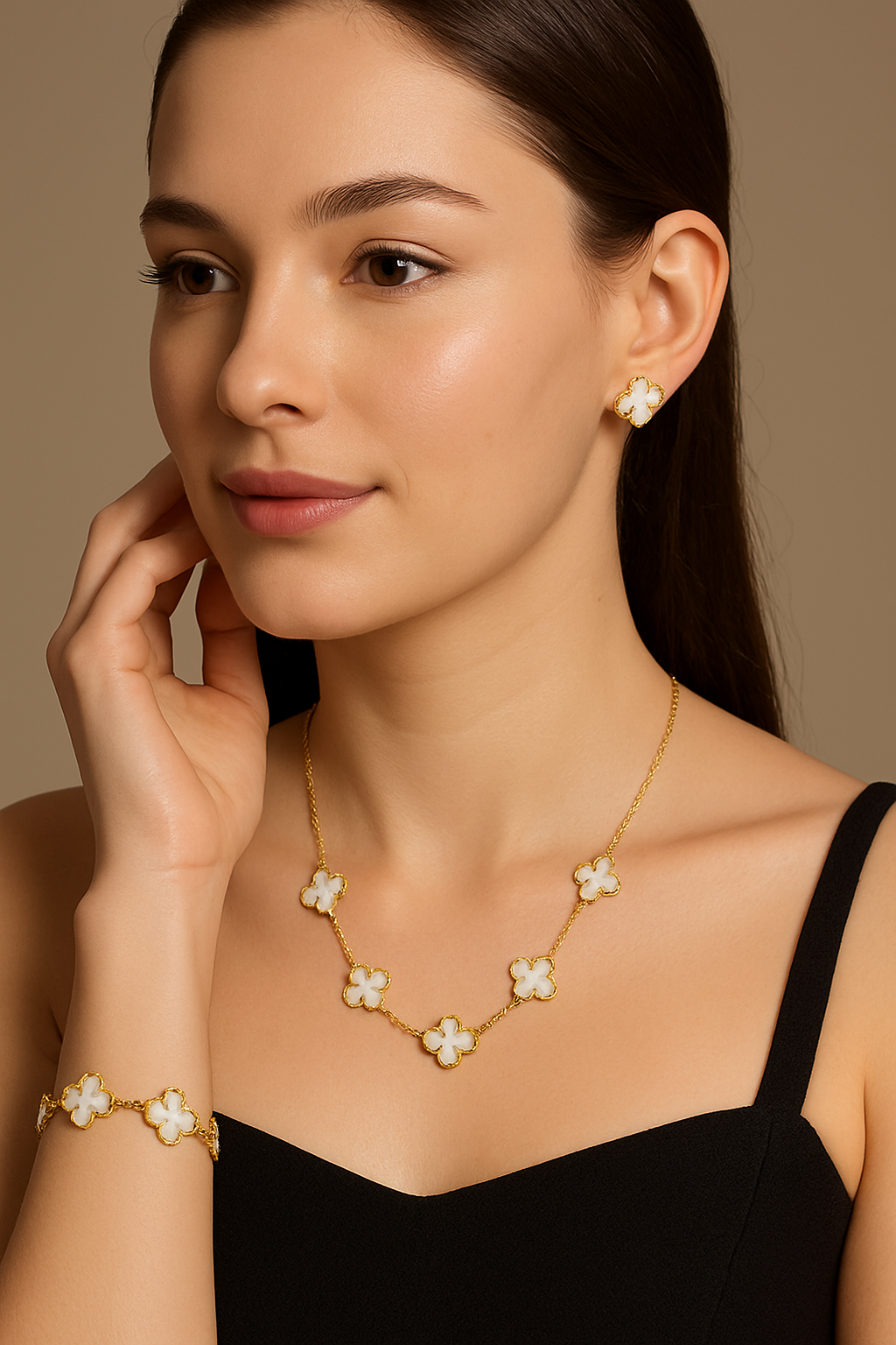 Elegant White Clover Necklace, Earring & Bracelet Set for Women | Anti Tarnish | Stainless Steel