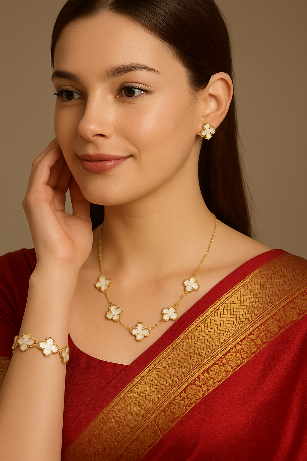 Elegant White Clover Necklace, Earring & Bracelet Set for Women | Anti Tarnish | Stainless Steel