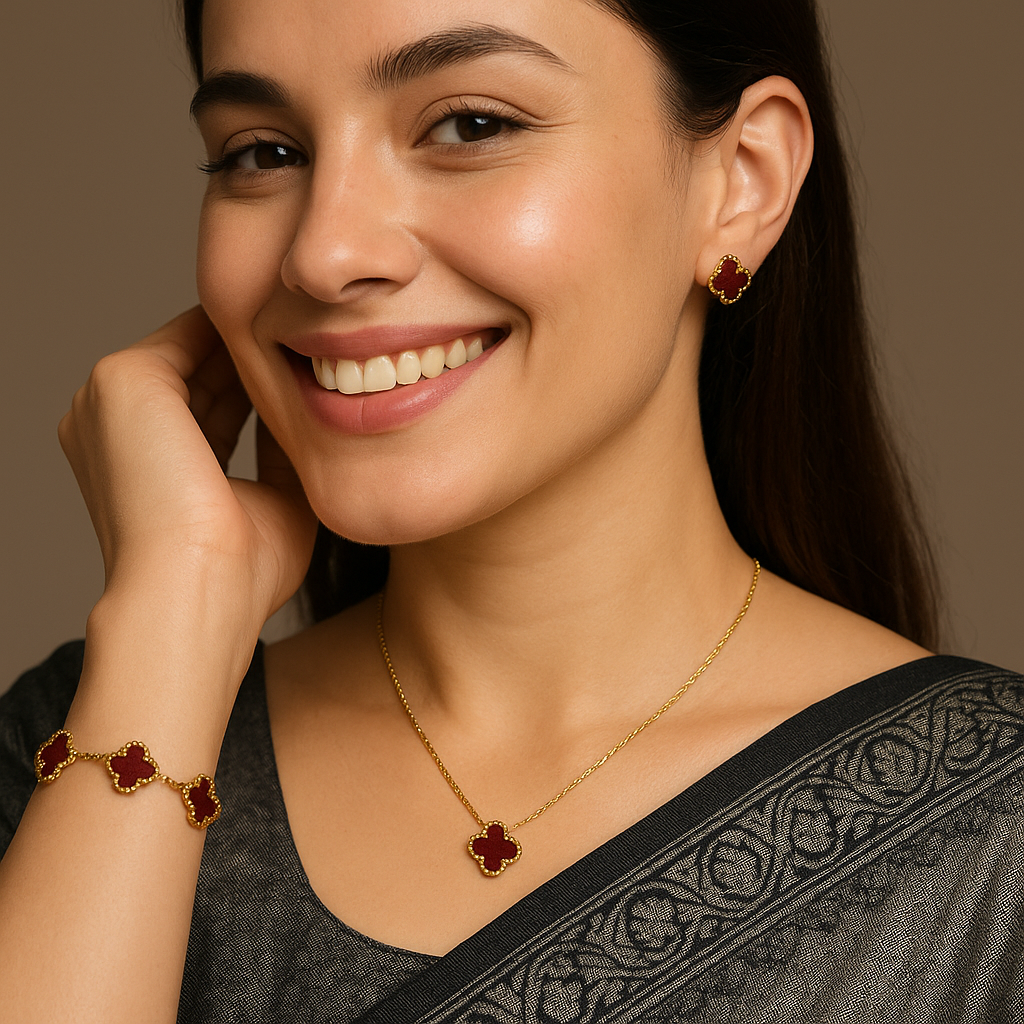 Elegant Red Clover Necklace, Earring & Bracelet Set for Women | Anti Tarnish | Stainless Steel