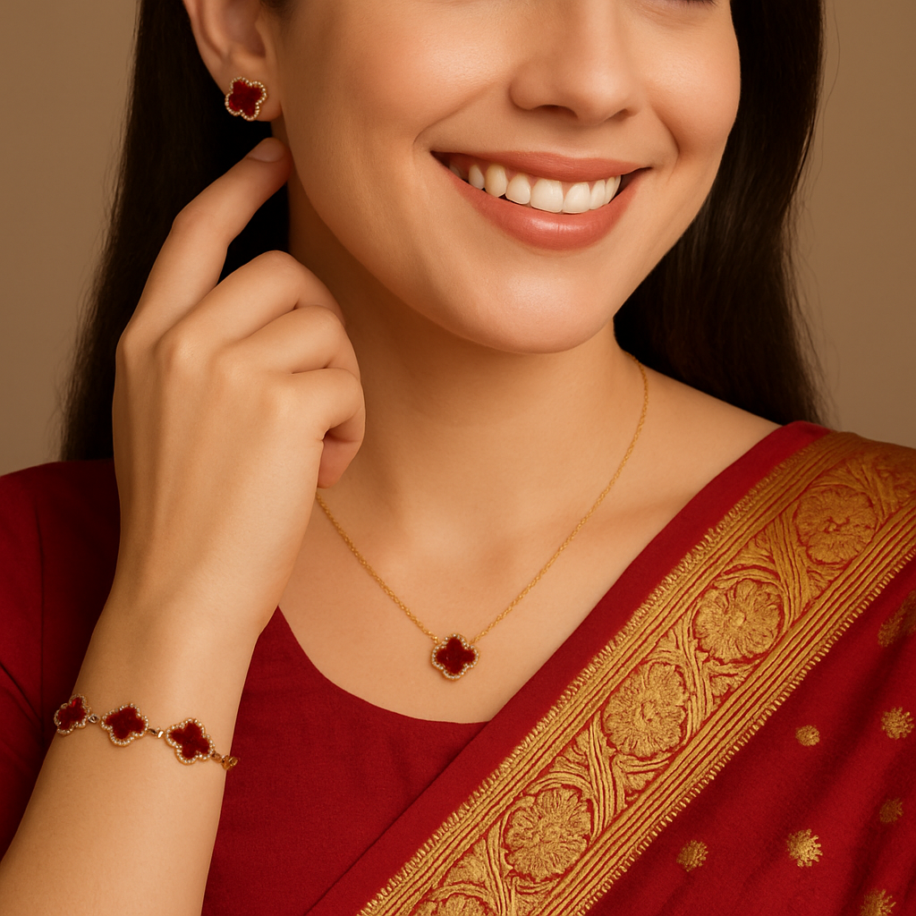 Elegant Red Clover Necklace, Earring & Bracelet Set for Women | Anti Tarnish | Stainless Steel