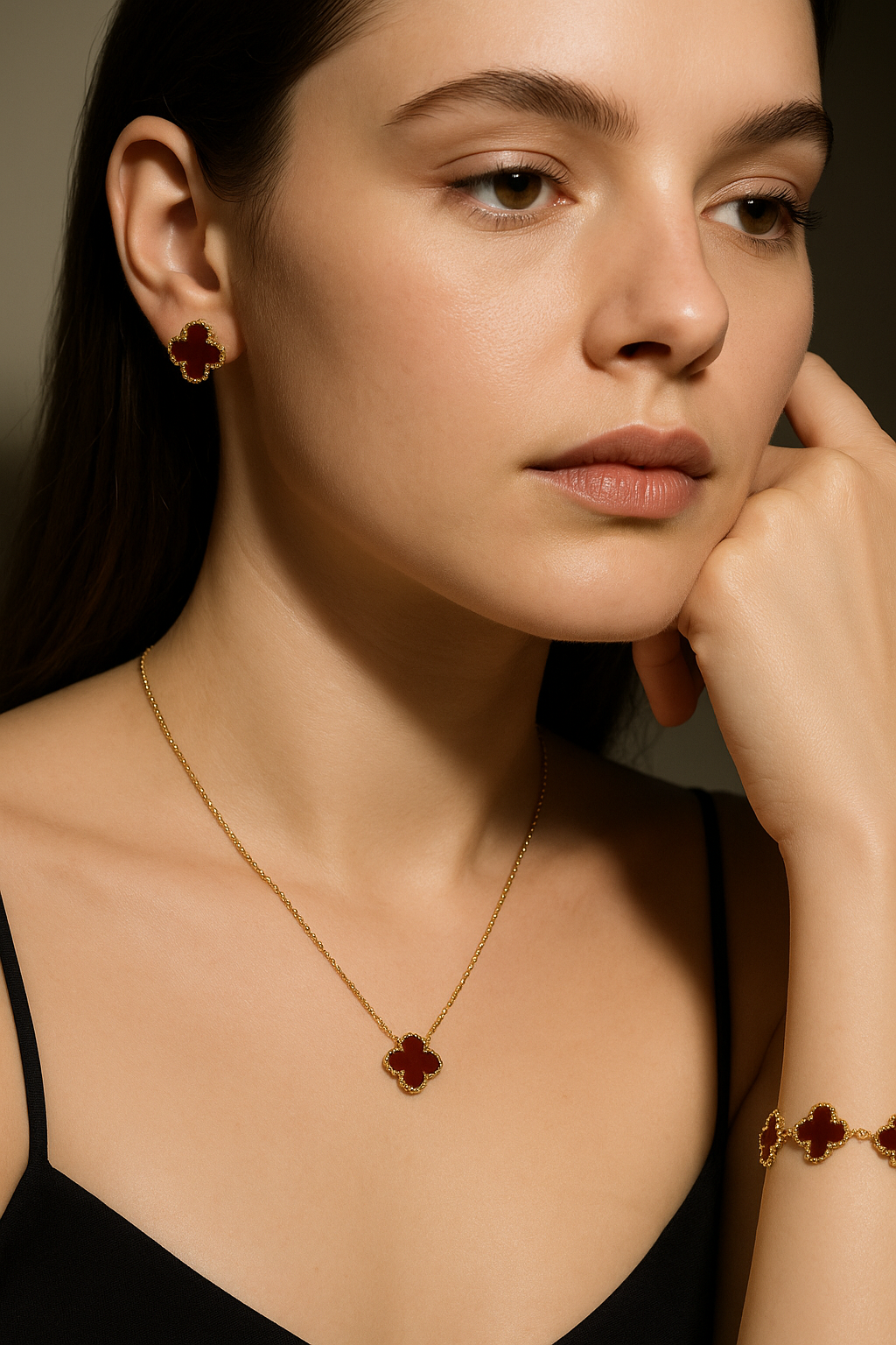 Elegant Red Clover Necklace, Earring & Bracelet Set for Women | Anti Tarnish | Stainless Steel