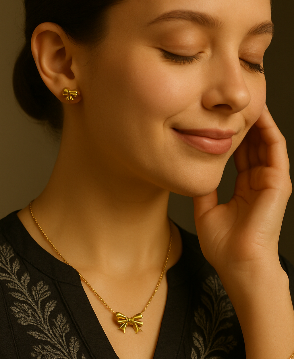 Golden Bow Necklace & Earring Set | Anti Tarnish | Stainless Steel