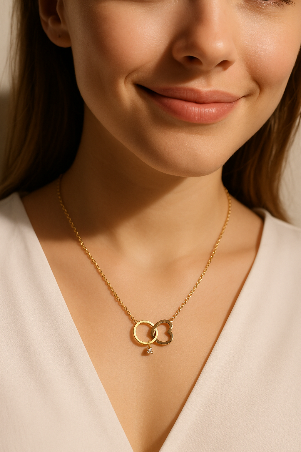 Interlocked Circle & Heart Necklace with Crystal Drop | Anti Tarnish | Stainless Steel