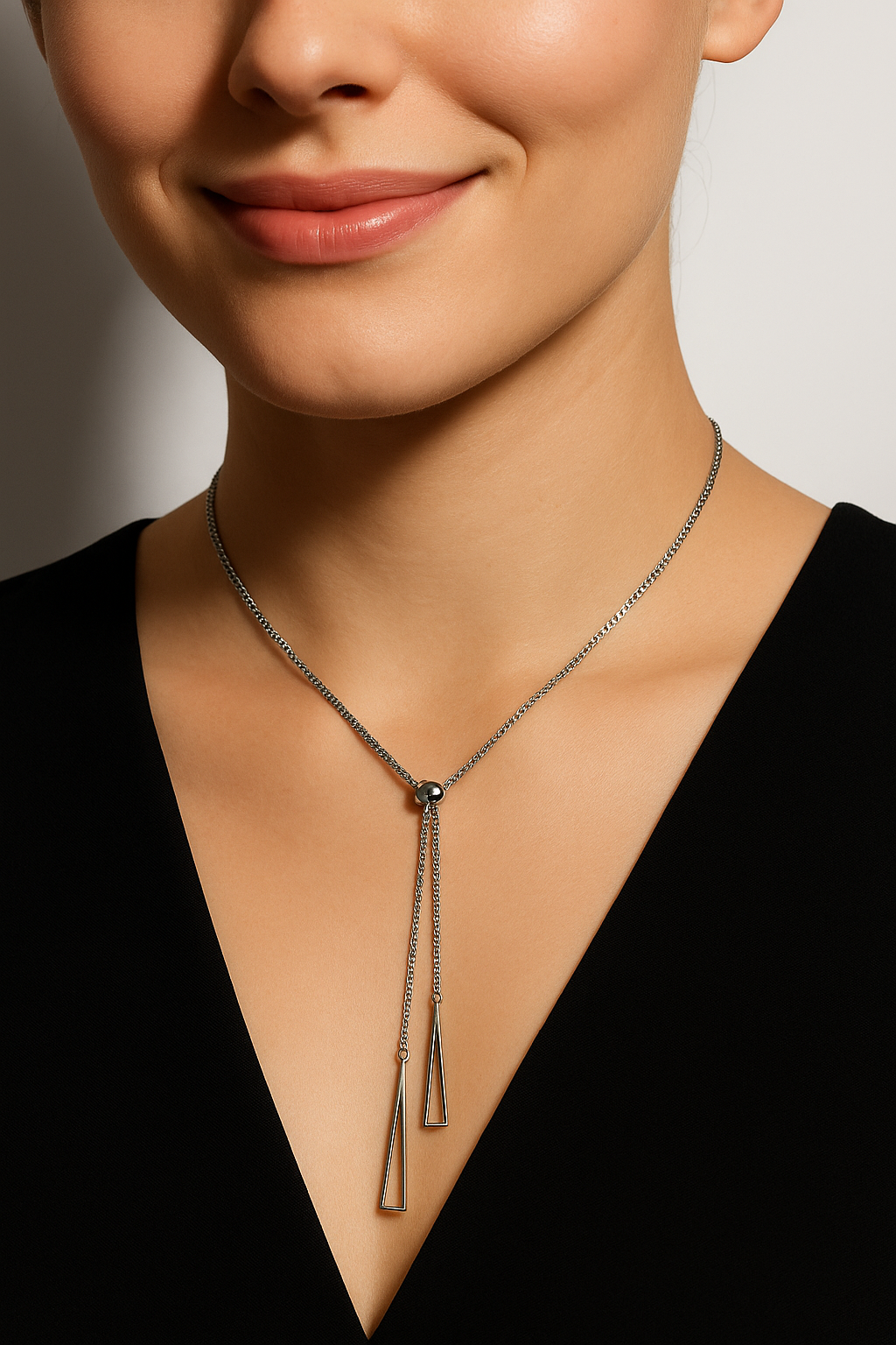 Modern Silver-Tone Y Necklace with Geometric Drops | Anti Tarnish | Stainless Steel