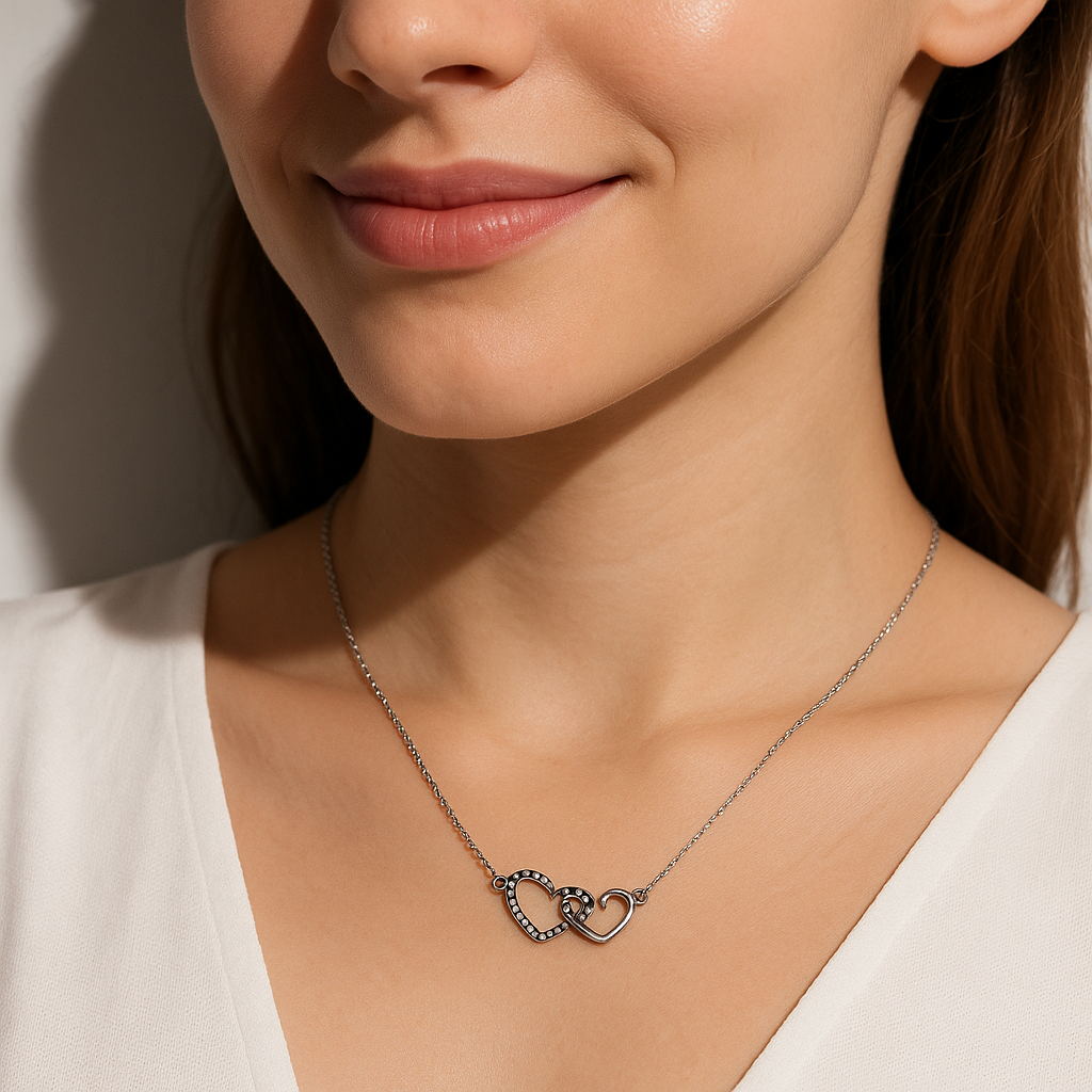 Interlocked Double Heart Pendant Necklace | Korean Designer Jewellery