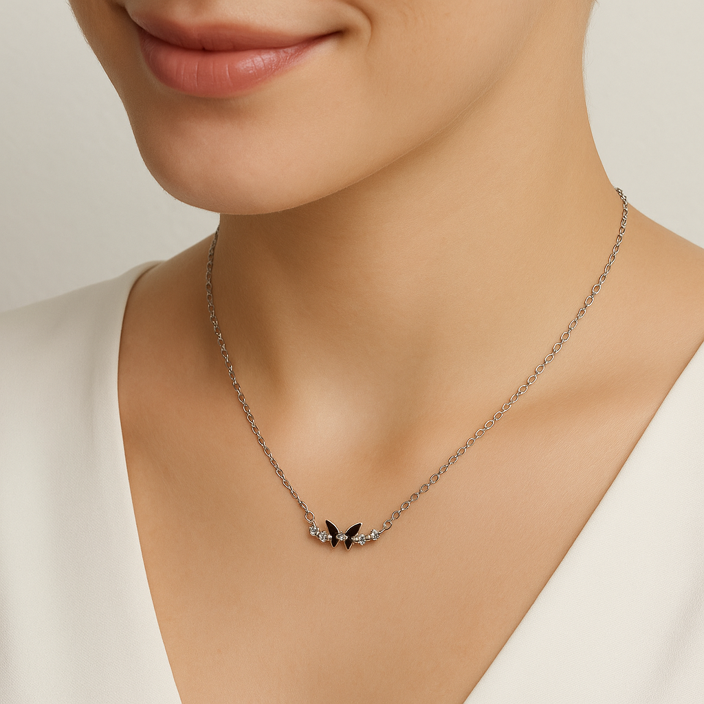 Black Butterfly & Crystal Accent Necklace | Korean Designer Jewellery