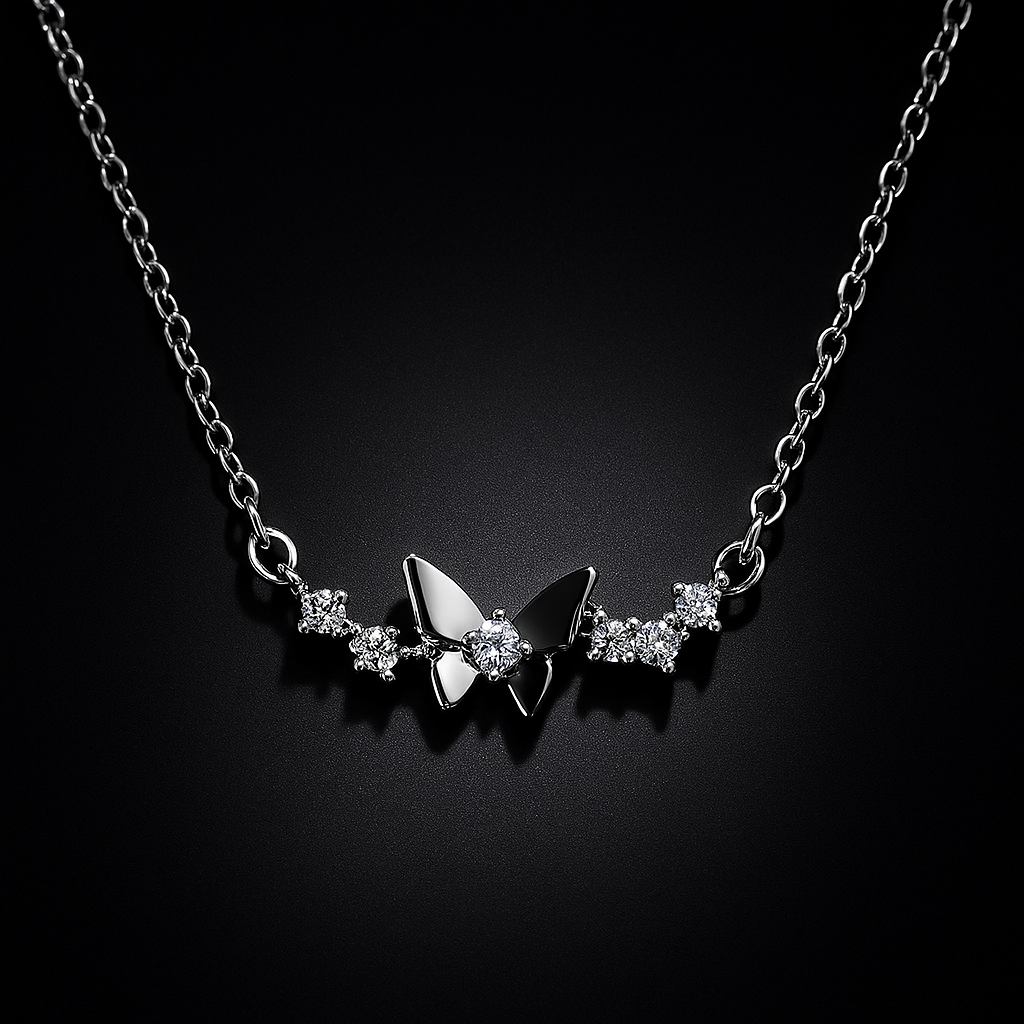 Black Butterfly & Crystal Accent Necklace | Korean Designer Jewellery