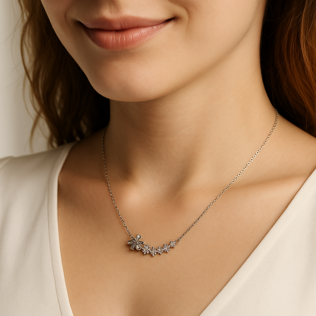 Crystal Bow & Floral Accent Necklace | Korean Designer Jewellery