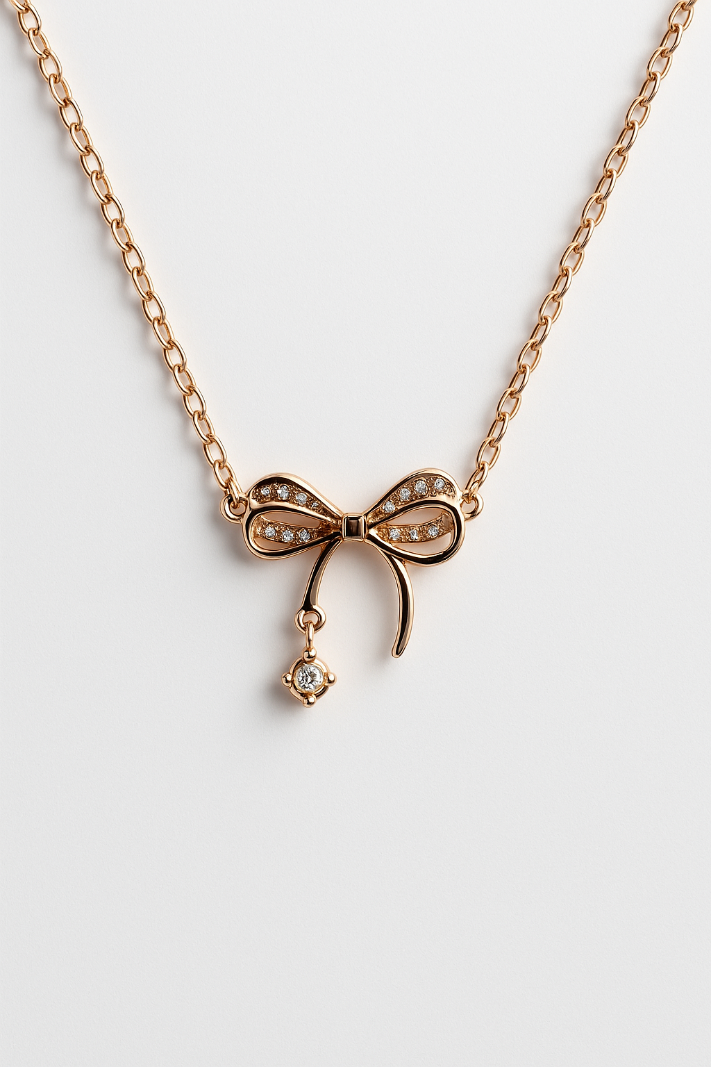 Rose Gold Bow Pendant Necklace with Crystal Drop | Korean Designer Jewellery