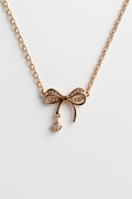Rose Gold Bow Pendant Necklace with Crystal Drop | Korean Designer Jewellery