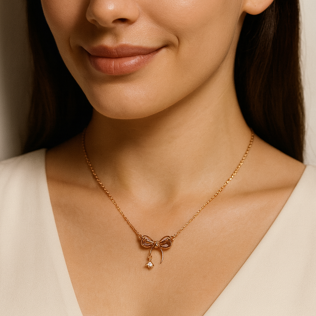 Rose Gold Bow Pendant Necklace with Crystal Drop | Korean Designer Jewellery