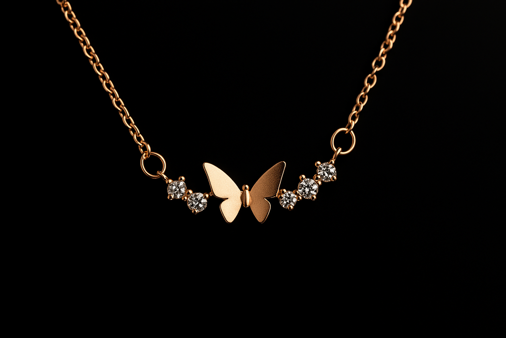 Rose Gold Butterfly & Crystal Accent Necklace | Korean Designer Jewellery