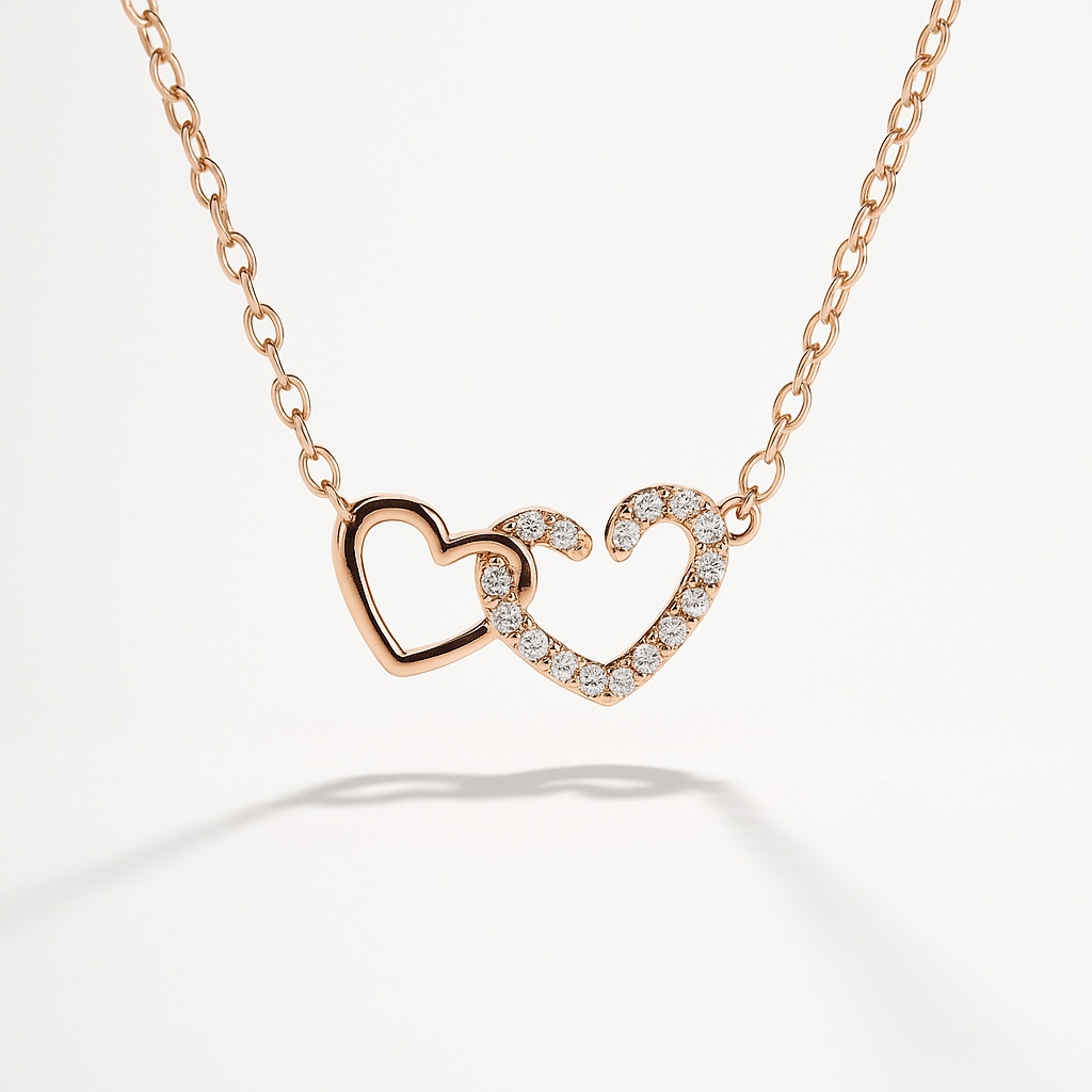 Rose Gold Interlocking Double Heart Necklace with Crystals | Korean Designer Jewellery l