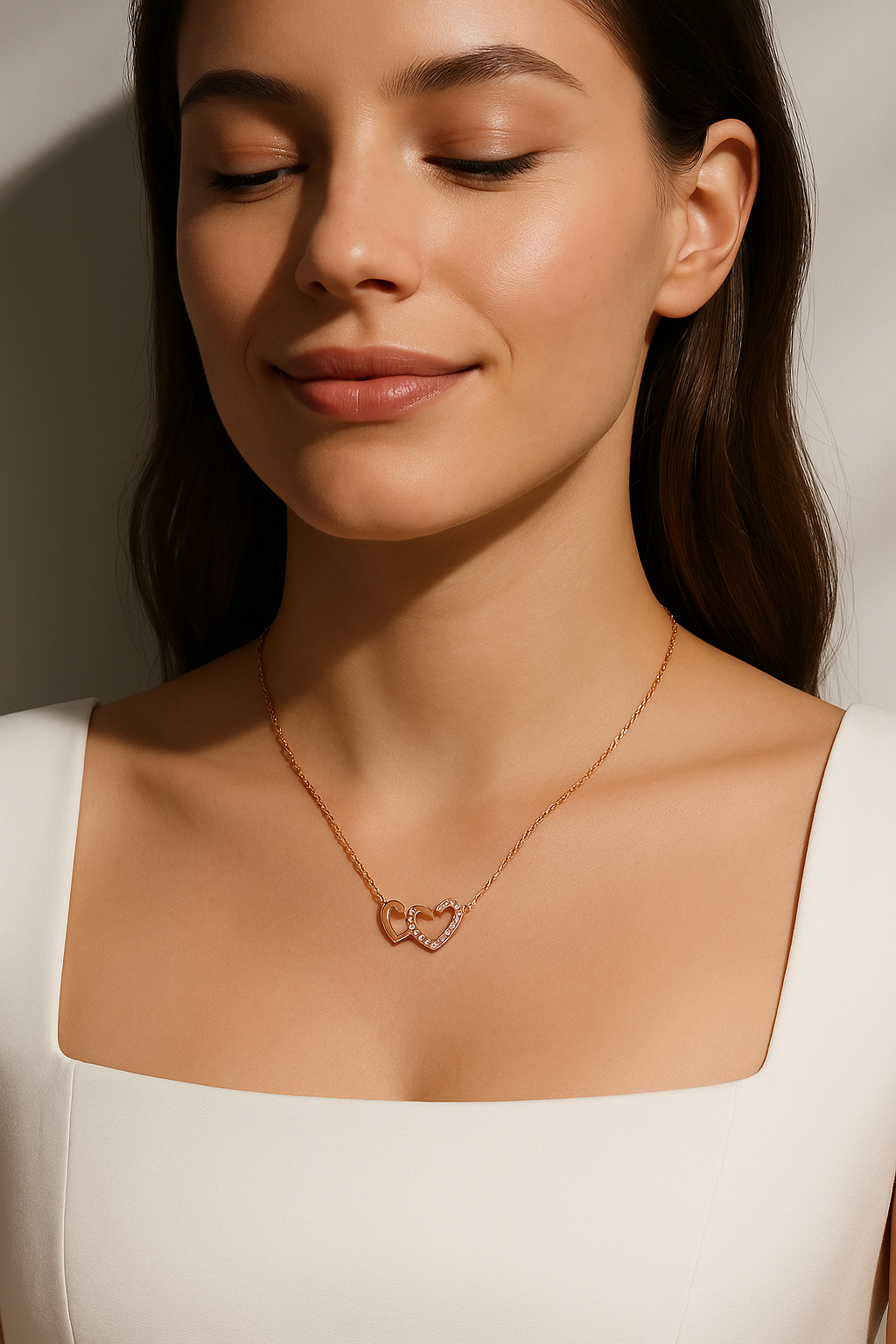 Rose Gold Interlocking Double Heart Necklace with Crystals | Korean Designer Jewellery l
