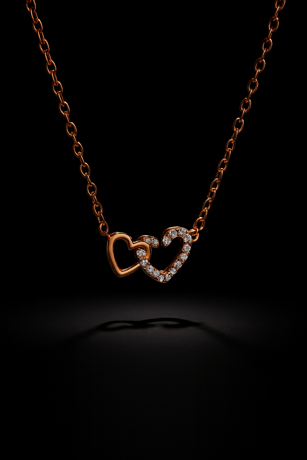 Rose Gold Interlocking Double Heart Necklace with Crystals | Korean Designer Jewellery l