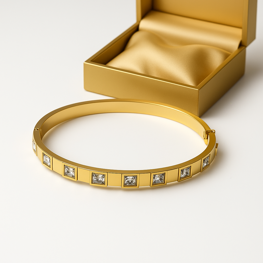 Square-Cut American Diamond Crystal Gold Bangle | Anti Tarnish | Stainless Steel