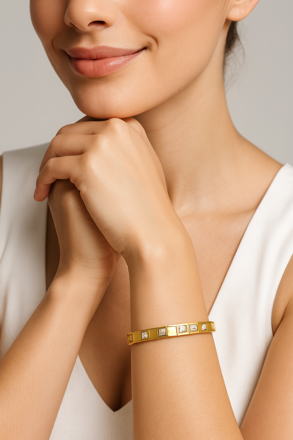 Square-Cut American Diamond Crystal Gold Bangle | Anti Tarnish | Stainless Steel