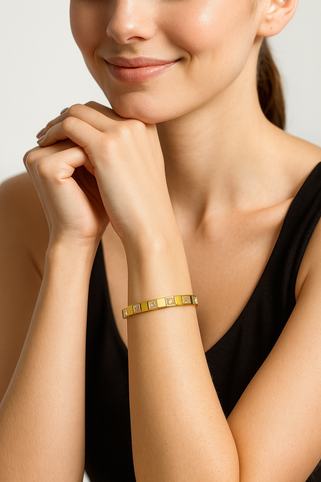 Square-Cut American Diamond Crystal Gold Bangle | Anti Tarnish | Stainless Steel