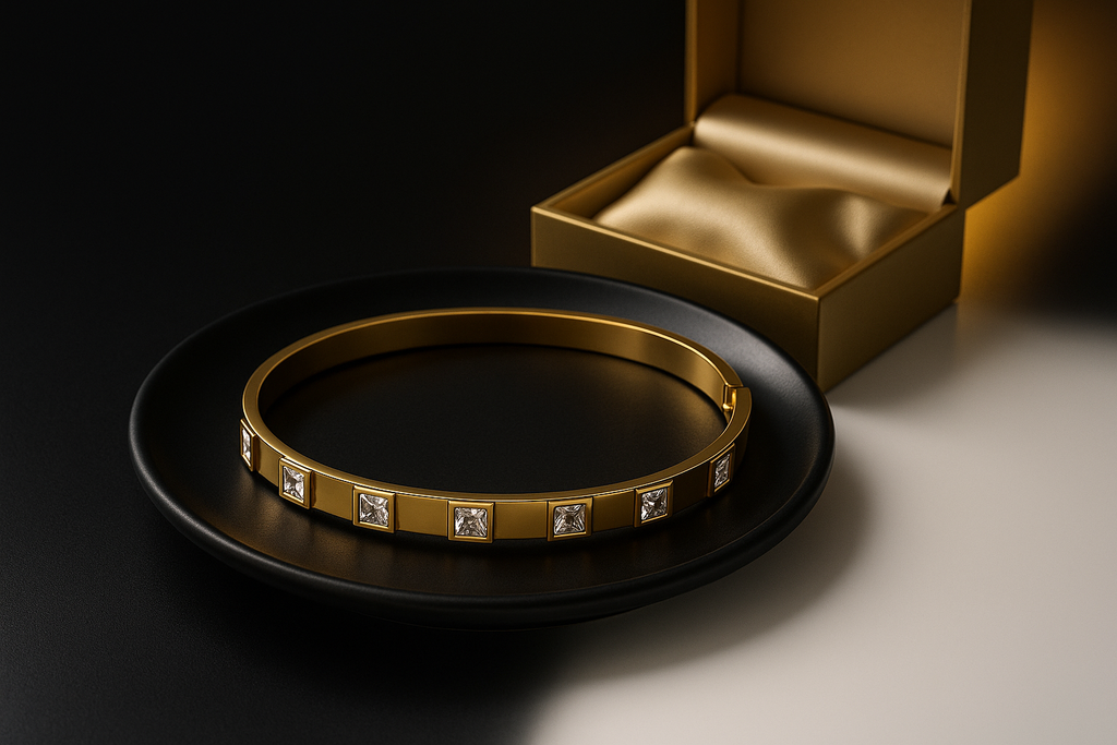 Square-Cut American Diamond Crystal Gold Bangle | Anti Tarnish | Stainless Steel