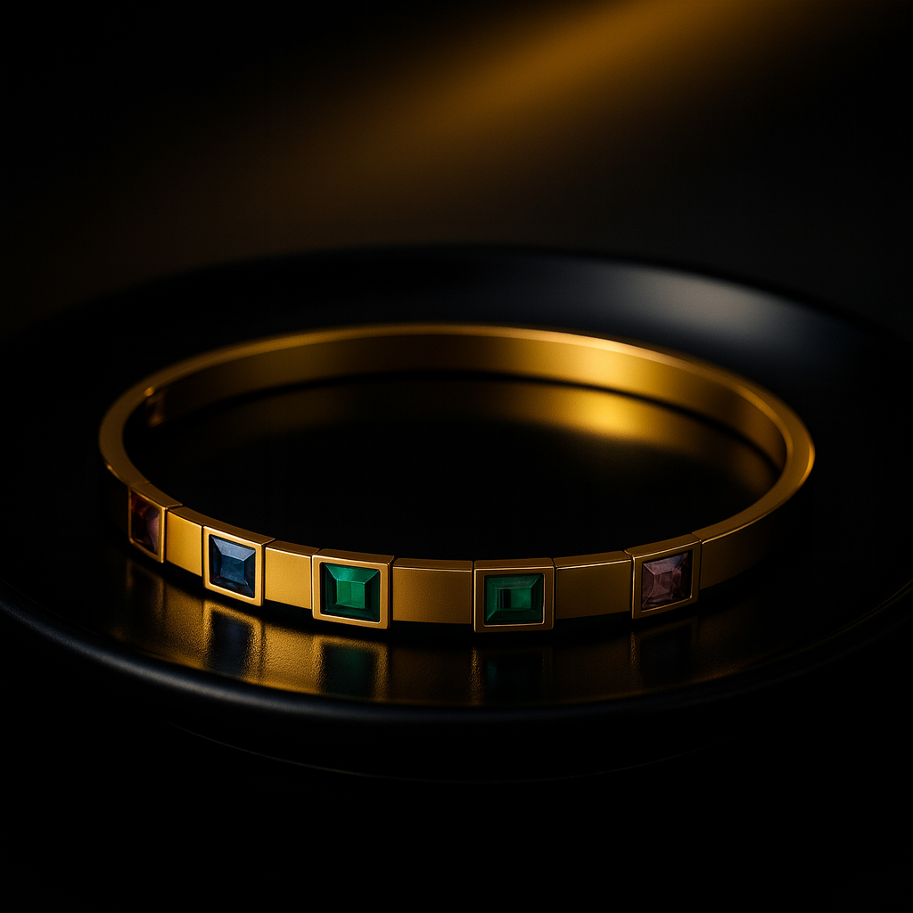 Elegant Gold Multi-Color Stone Bangle Bracelet | Anti Tarnish | Stainless Steel
