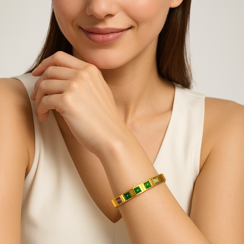 Elegant Gold Multi-Color Stone Bangle Bracelet | Anti Tarnish | Stainless Steel