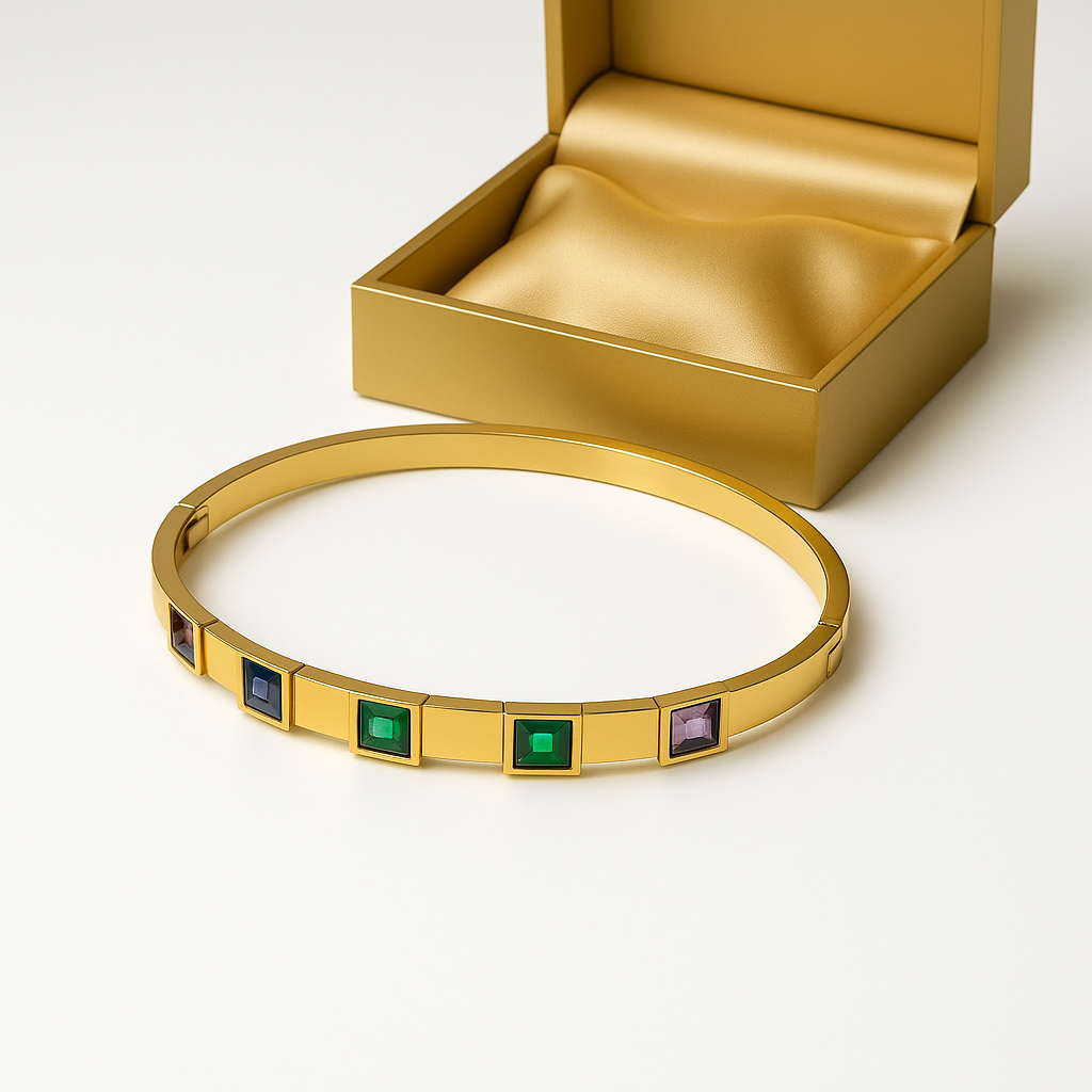 Elegant Gold Multi-Color Stone Bangle Bracelet | Anti Tarnish | Stainless Steel