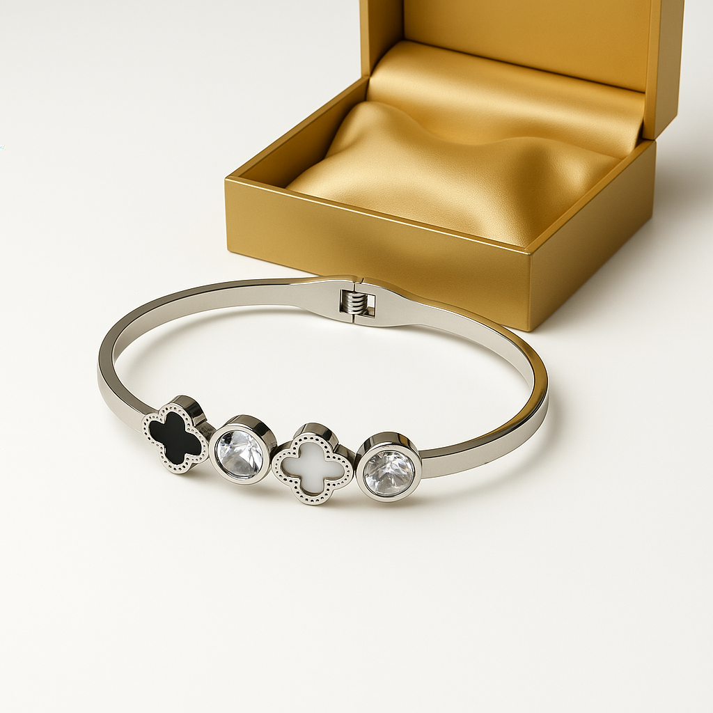 Silver Clover & Crystal Charm Bangle Bracelet | Anti Tarnish | Stainless Steel