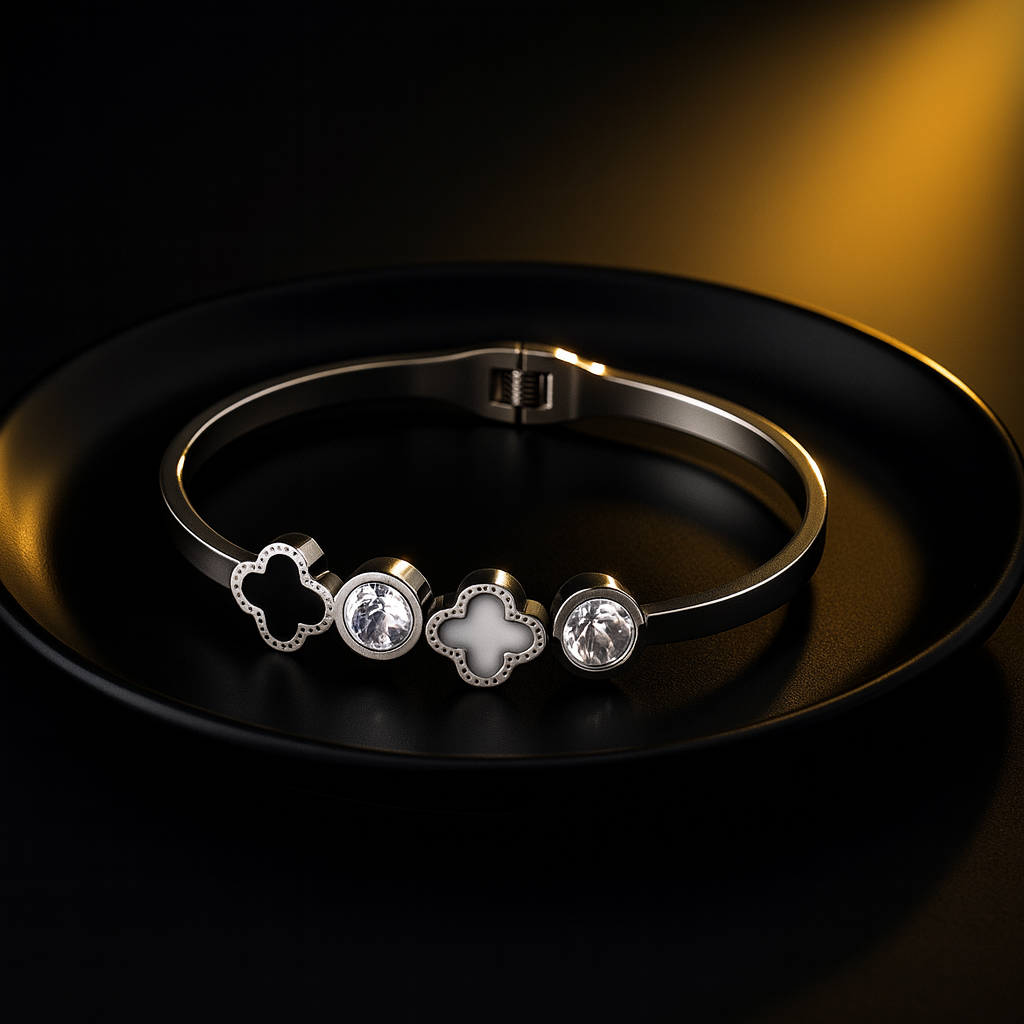 Silver Clover & Crystal Charm Bangle Bracelet | Anti Tarnish | Stainless Steel