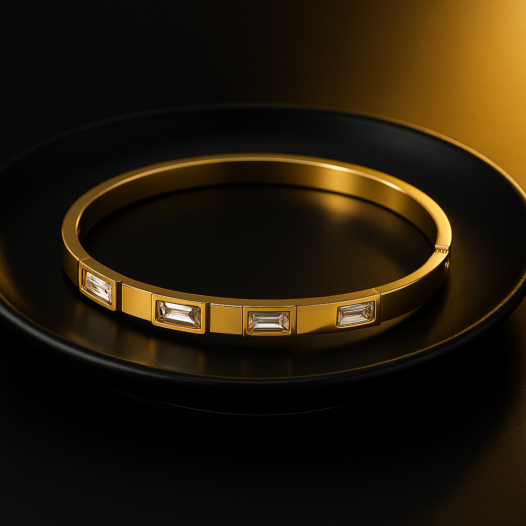 Gold Rectangle Crystal Bangle Bracelet | Anti Tarnish | Stainless Steel