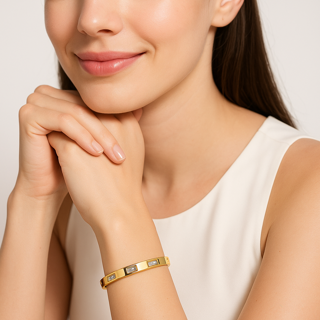 Gold Rectangle Crystal Bangle Bracelet | Anti Tarnish | Stainless Steel