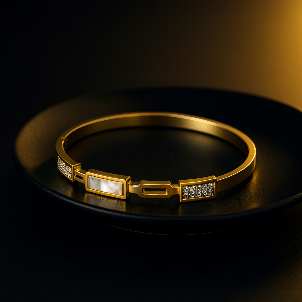 Gold Geometric Crystal & Pearl Accent Bangle Bracelet | Anti Tarnish | Stainless Steel