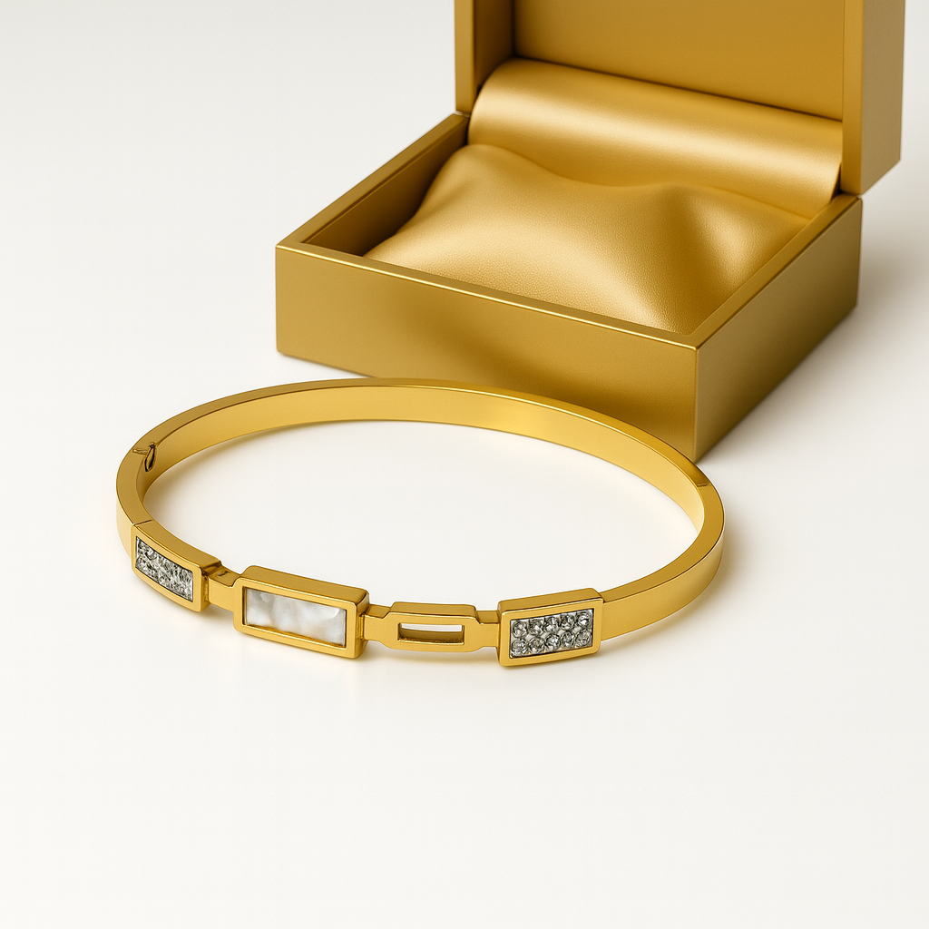 Gold Geometric Crystal & Pearl Accent Bangle Bracelet | Anti Tarnish | Stainless Steel